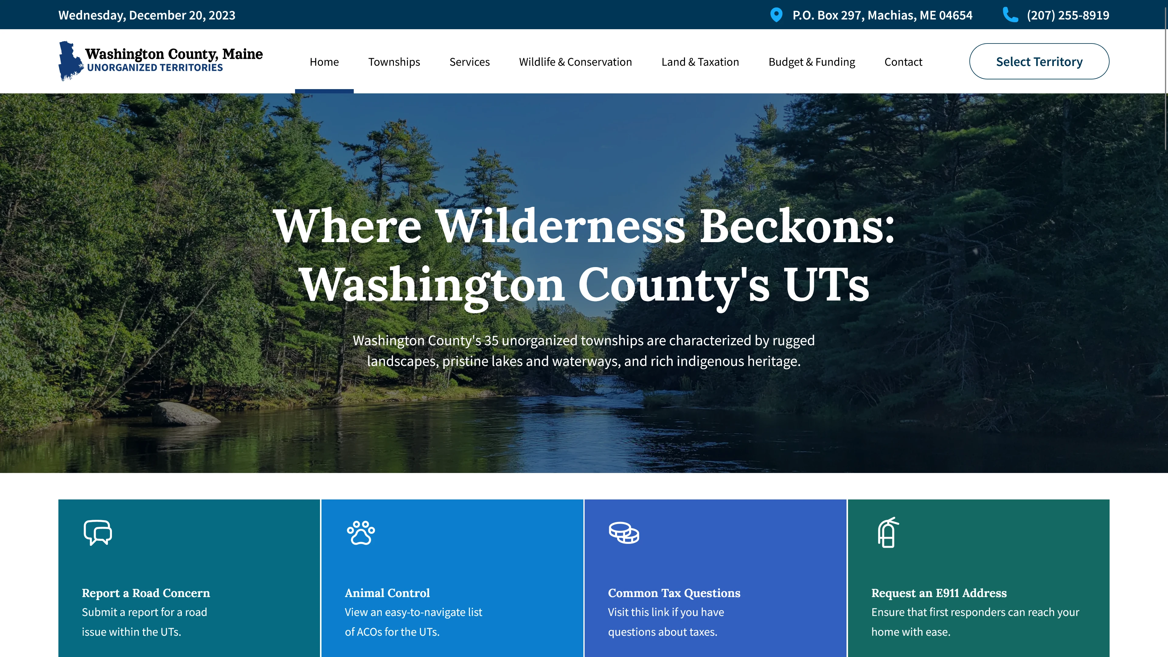 A preview of the Washington County Unorganized Territories website